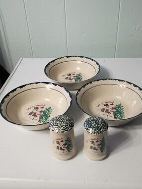 (3) Atico  Snowman Ceramic Serving Bowls and Shakers Set - Cream and Green